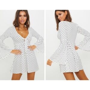 Pretty Little Thing White Polka Dot Fluted Sleeve Tie Tea Dress Size 2